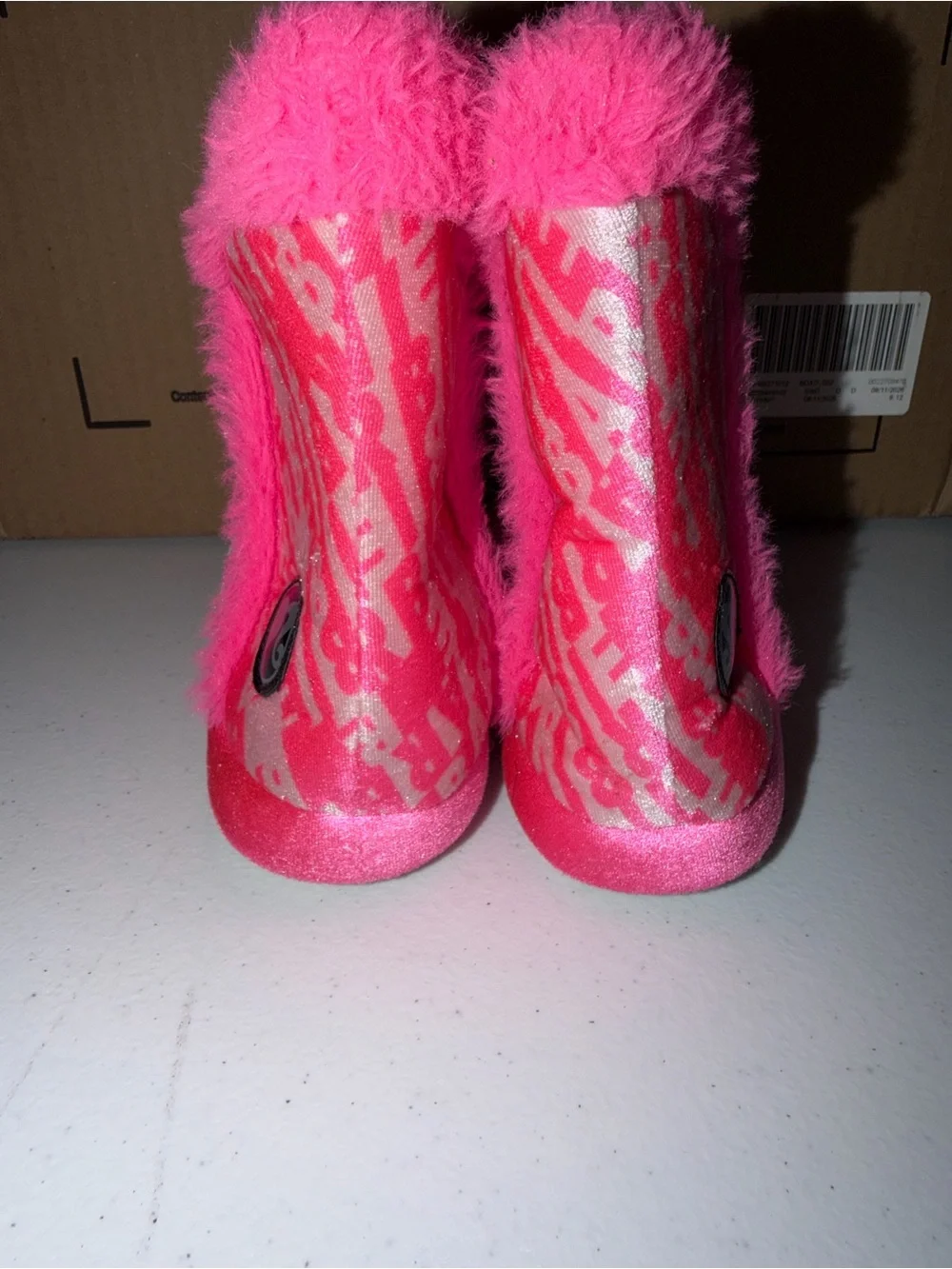Mattel Girls Pink Glitter Plush Slip-On Slippers